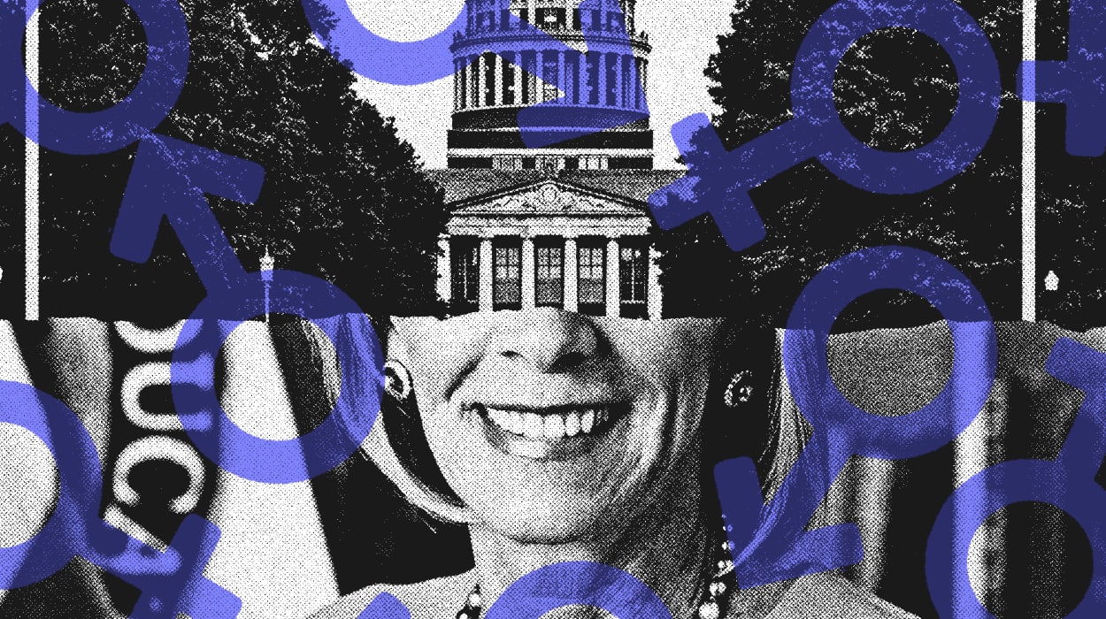 Photo illustration of University of Rochester and Betsy deVos with feminism symbol overlaid.