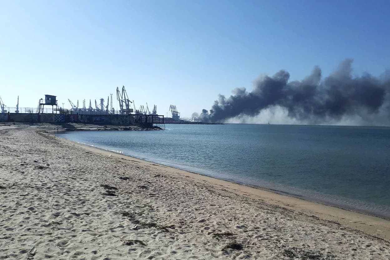 Smoke rises near a seaport in Berdyansk, Ukraine on Thursday after Ukraine's navy reported that it had sunk the Russian ship Orsk in the Sea of Asov.