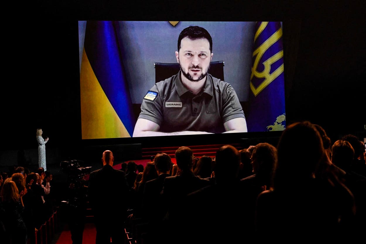 Ukrainian President Volodymyr Zelenskyy addresses guests during the Opening Ceremony of the 75th edition of the Cannes Film Festival in Cannes, southern France, on May 17, 2022.