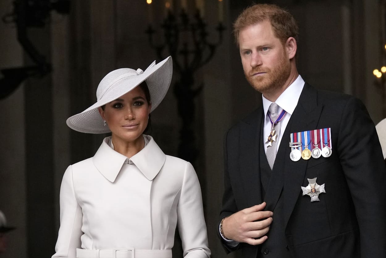 Image: Meghan, the Duchess of Sussex, and Prince Harry, Duke of Sussex, leave after a service of thanksgiving for the reign of Queen Elizabeth II at St Paul's Cathedral in London, on June 3, 2022.