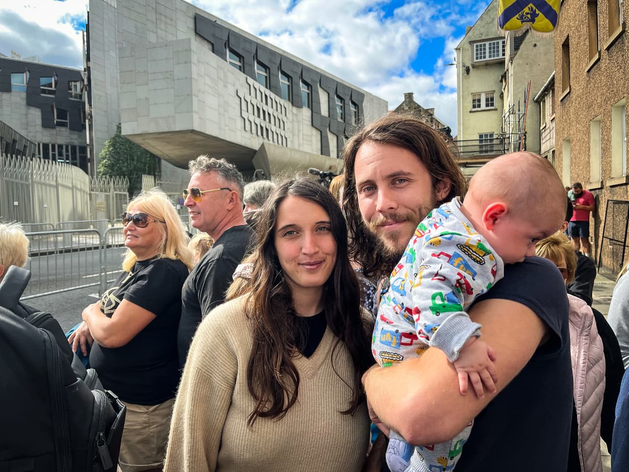 Sam Elias, and his partner Anita Todd, 28 in Edinburgh, Scotland on Monday.