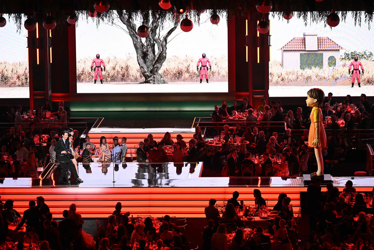 Image: Squid Game, Lee Jung-jae, left, and South Korean actress Jung Ho-yeon, Emmys