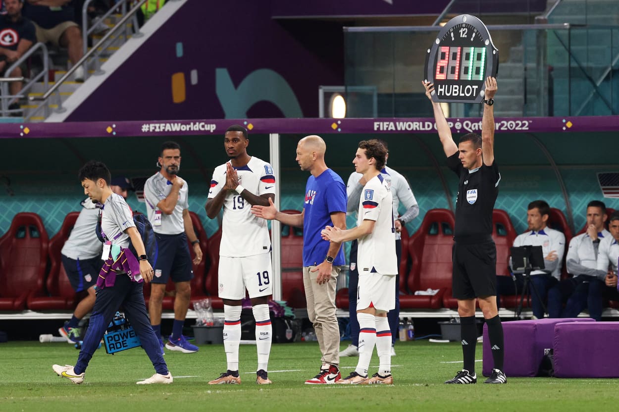 Haji Wright and Brenden Aaronson of United States are instructed by Head Coach Gregg Berhalter