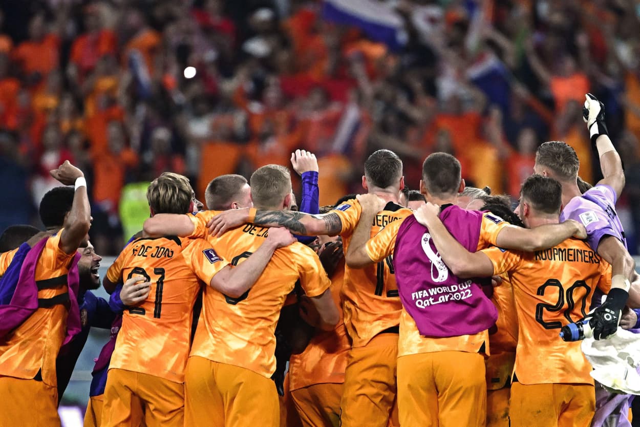 The Netherlands celebrates at the end of the World Cup match against the United States