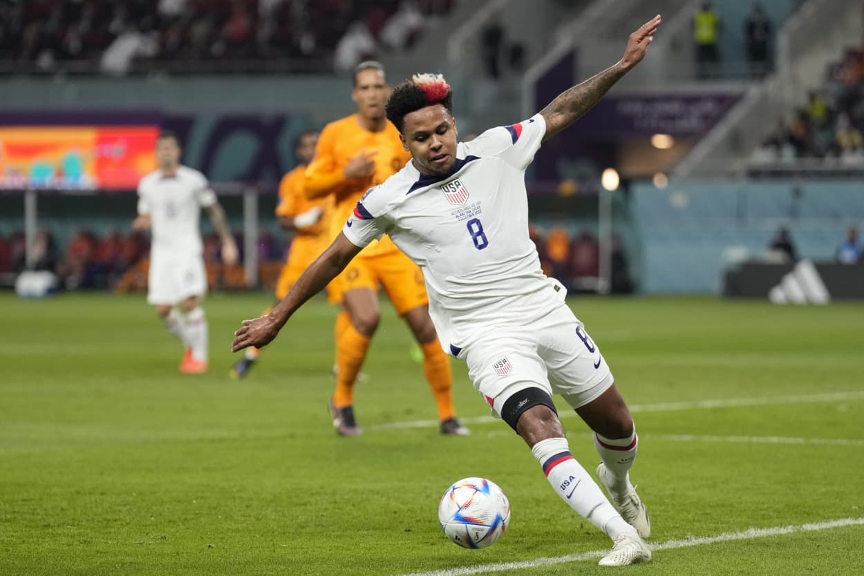 Weston McKennie of the United States tries control the ball during the World Cup