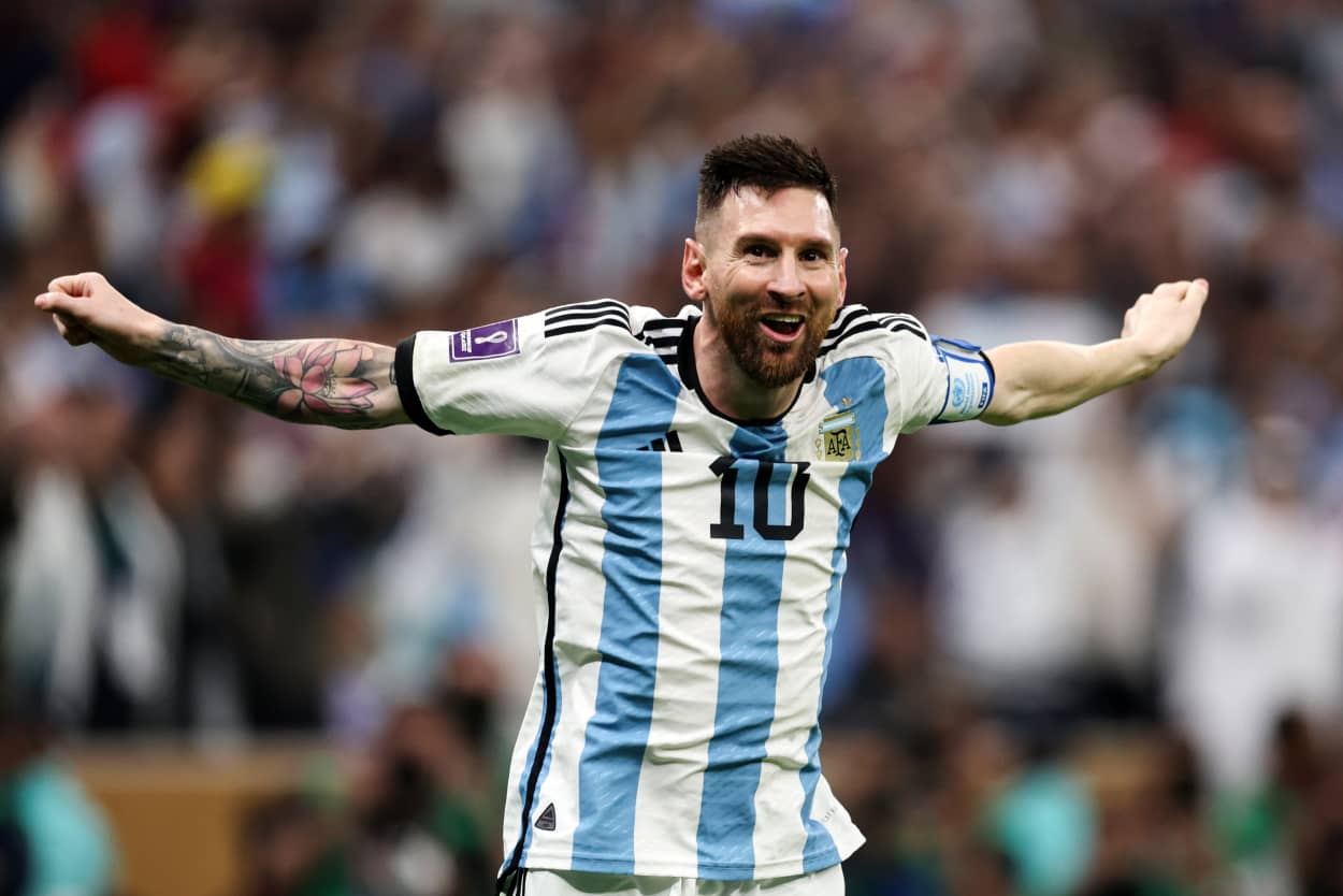 Lionel celebrates after scoring the team's third goal during World Cup final against France on Dec. 18, 2022, in Lusail City, Qatar.