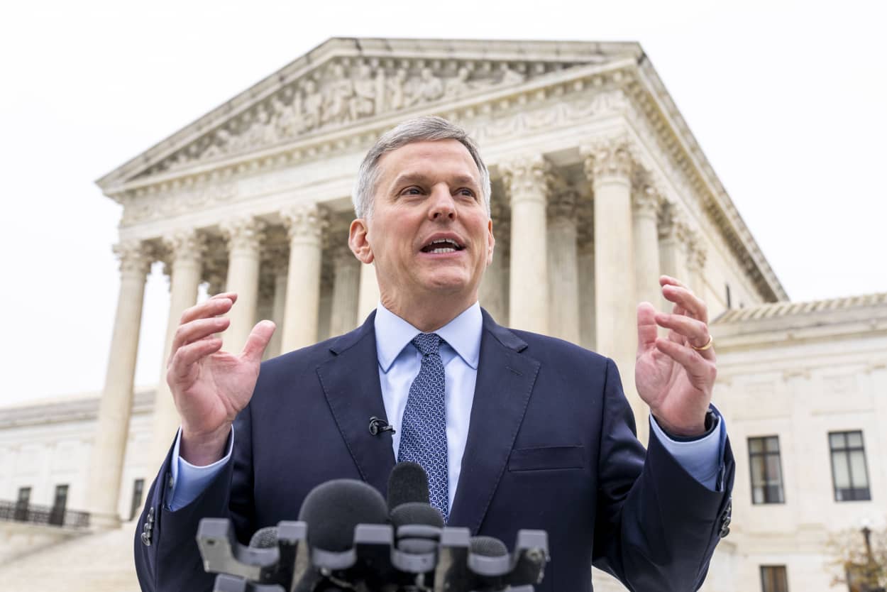 North Carolina Attorney General Josh Stein speaks outside the Supreme Court in Washington on Dec. 7, 2022.