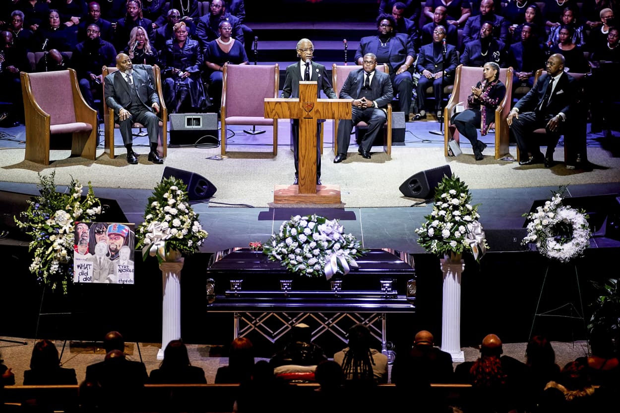 Image: Rev. Al Sharpton delivers the eulogy during the funeral service for Tyre Nichols at Mississippi Boulevard Christian Church in Memphis, Tenn., on Feb. 1, 2023.