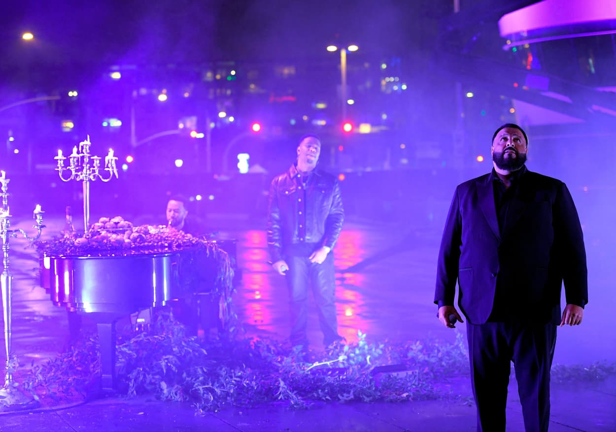 John Legend, Fridayy, and DJ Khaled perform at the Grammy Awards.