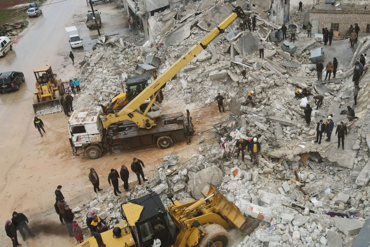 Rescue teams search for survivors in the rubble in Atareb, Syria on Feb. 6, 2023.