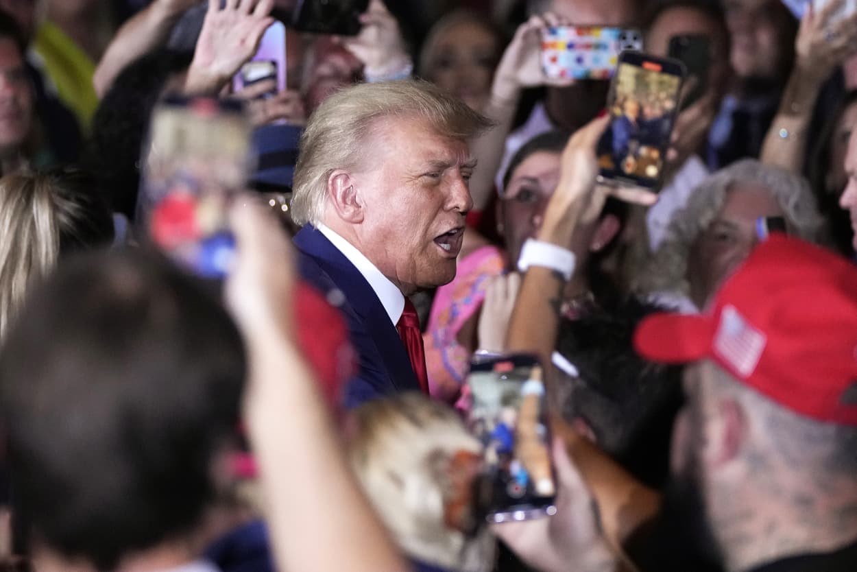 Former President Donald Trump arrives to speak at his Mar-a-Lago estate hours after being arraigned in New York City, Tuesday, April 4, 2023, in Palm Beach, Fla. (AP Photo/Rebecca Blackwell)