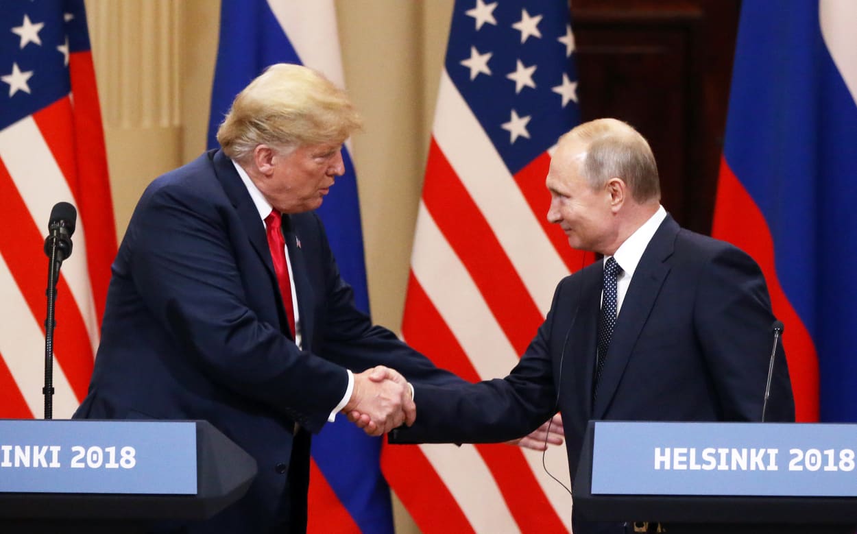 Then-President Donald Trump and Russian President Vladimir Putin during a joint press conference after their summit on July 16, 2018 in Helsinki, Finland.