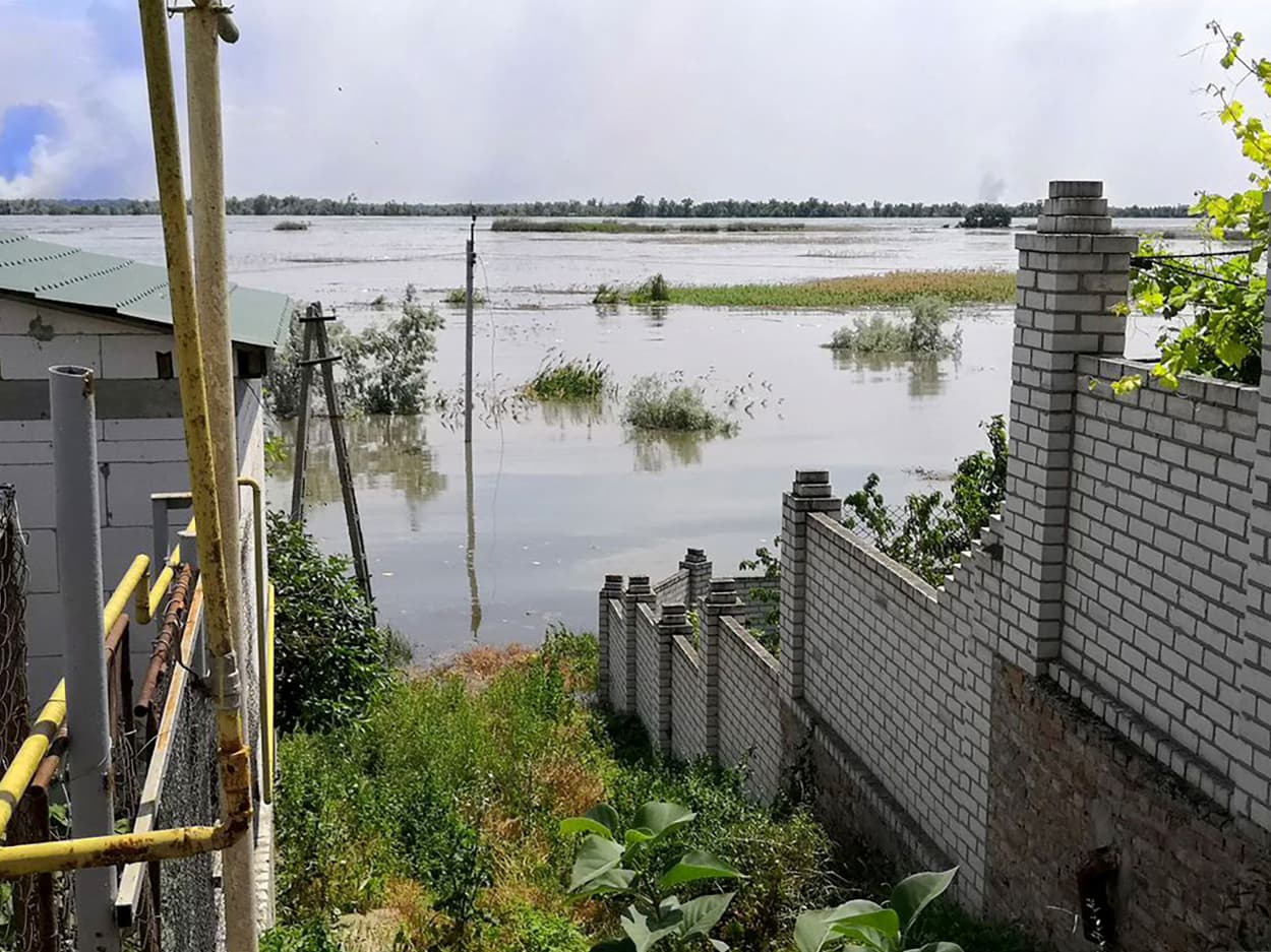 A partially flooded area of Kherson following damages sustained at Kakhovka hydroelectric dam