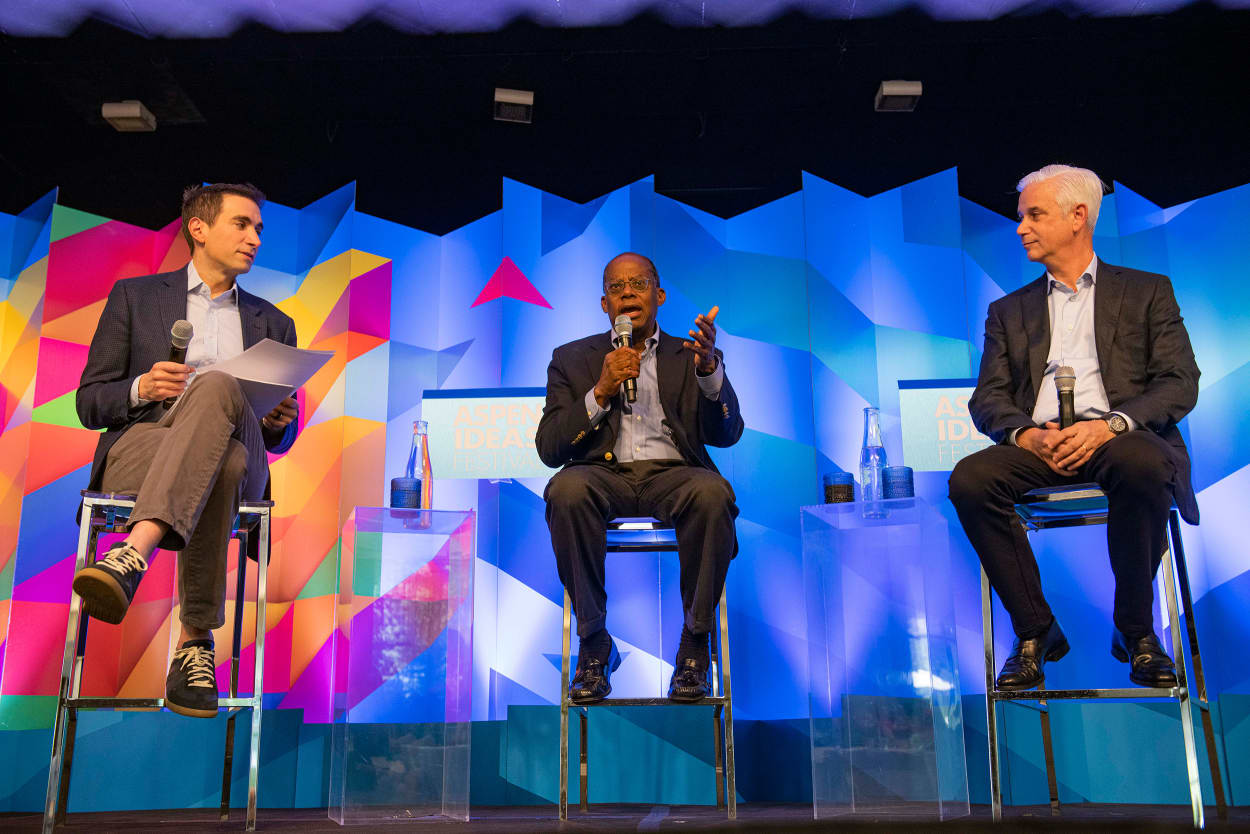 Andrew Ross Sorkin moderates a conversation between Roger Ferguson and Charlie Scharf at Aspen Ideas Festival on Wednesday, June 28, 2023.