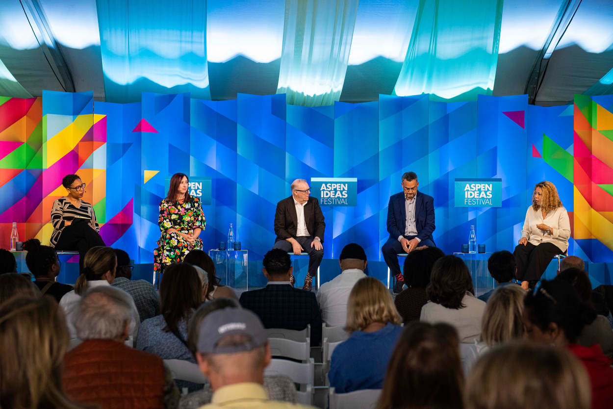Jenn White, left, with panelists Jennifer Carlson, John Feinblatt, Clark Neily, and Lucy McBath at Aspen Ideas Festival on Wednesday, June 28, 2023.