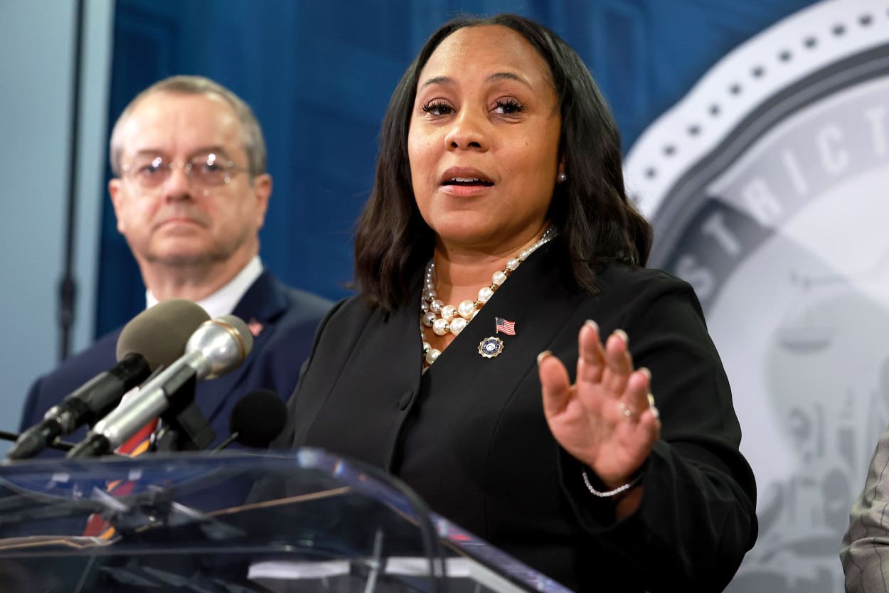 Fulton County District Attorney Fani Willis speaks during a news conference at the Fulton County Government building on August 14, 2023 in Atlanta, Georgia. A grand jury today handed up an indictment naming former President Donald Trump and his Republican allies over an alleged attempt to overturn the 2020 election results in the state.