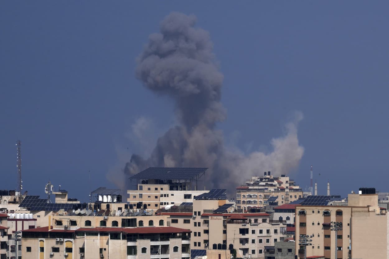 Smoke rises from an explosion caused by an Israeli airstrike on Gaza City, Sunday, Oct. 8, 2023. Gaza. 