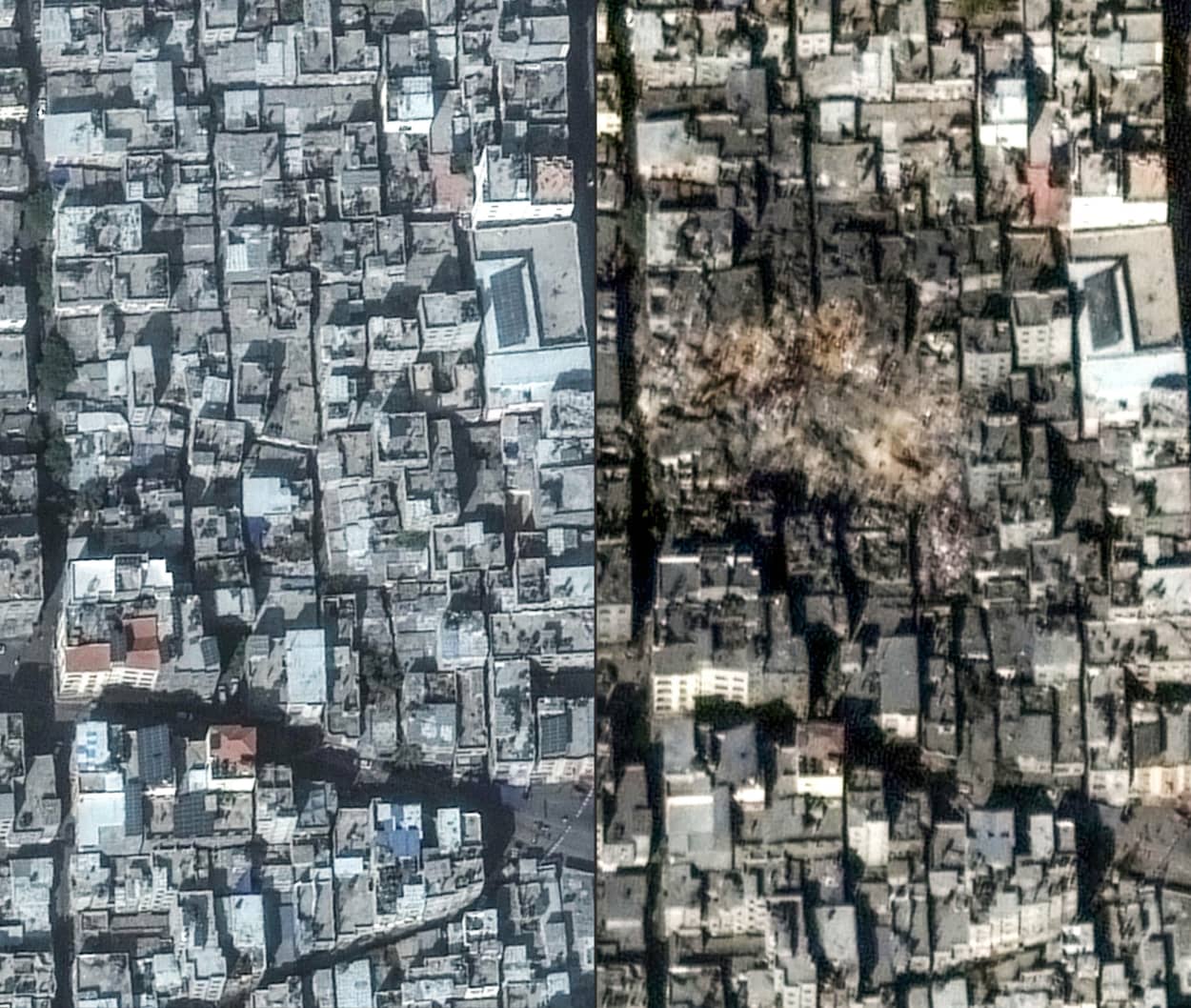 Maxar satellite images reveal Jabalia refugee camp destruction.