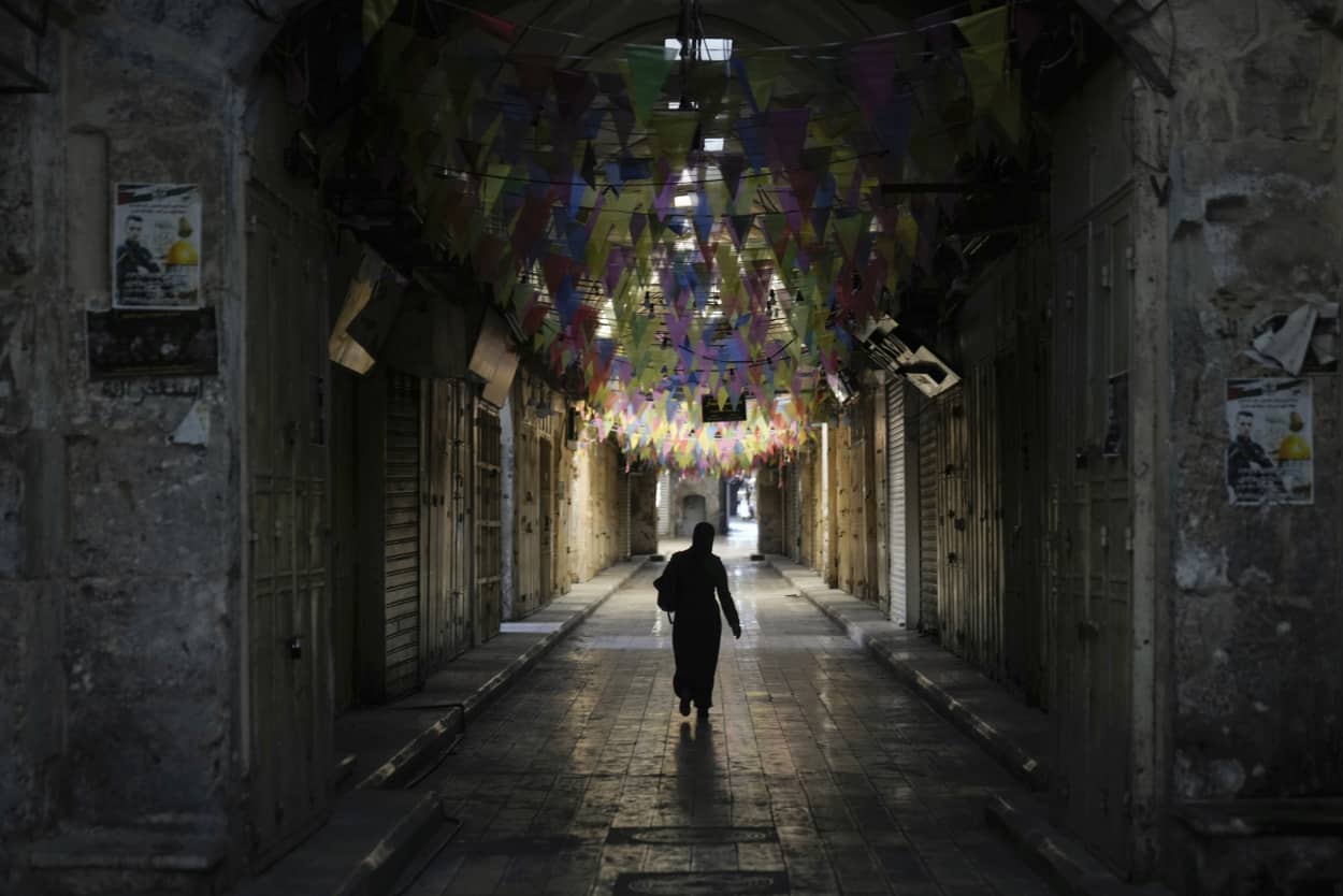 Closed shops in the West Bank city of Nablus during the observance of a global day of boycotts and strikes called for by pro-Palestinian activists to demand a cease-fire in Gaza, Monday, Dec. 11, 2023.