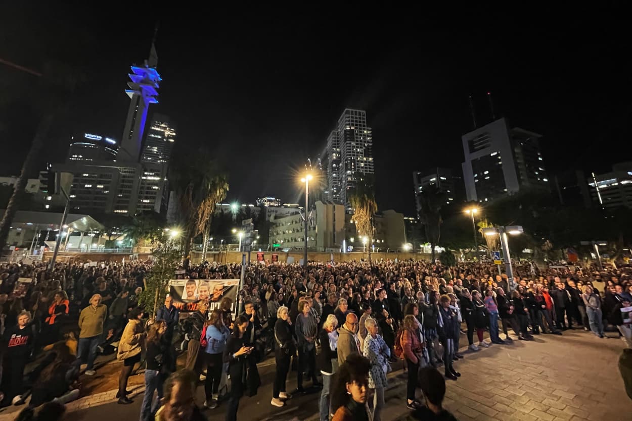 People gather in "Hostage Square" in Tel Aviv