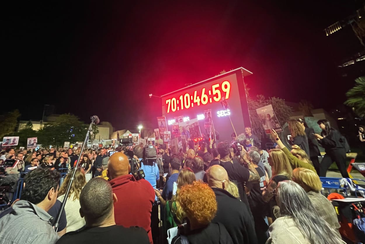 People protest at "Hostage Square" in Tel Aviv.