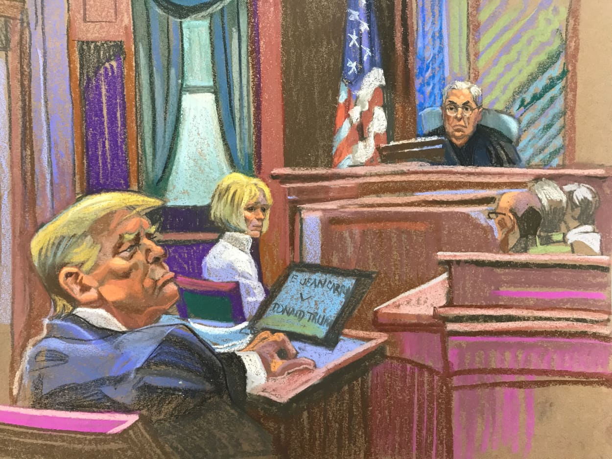 Former president and Republican presidential candidate Donald Trump and former magazine columnist E. Jean Carroll in Manhattan federal court in New York for the second defamation trial
