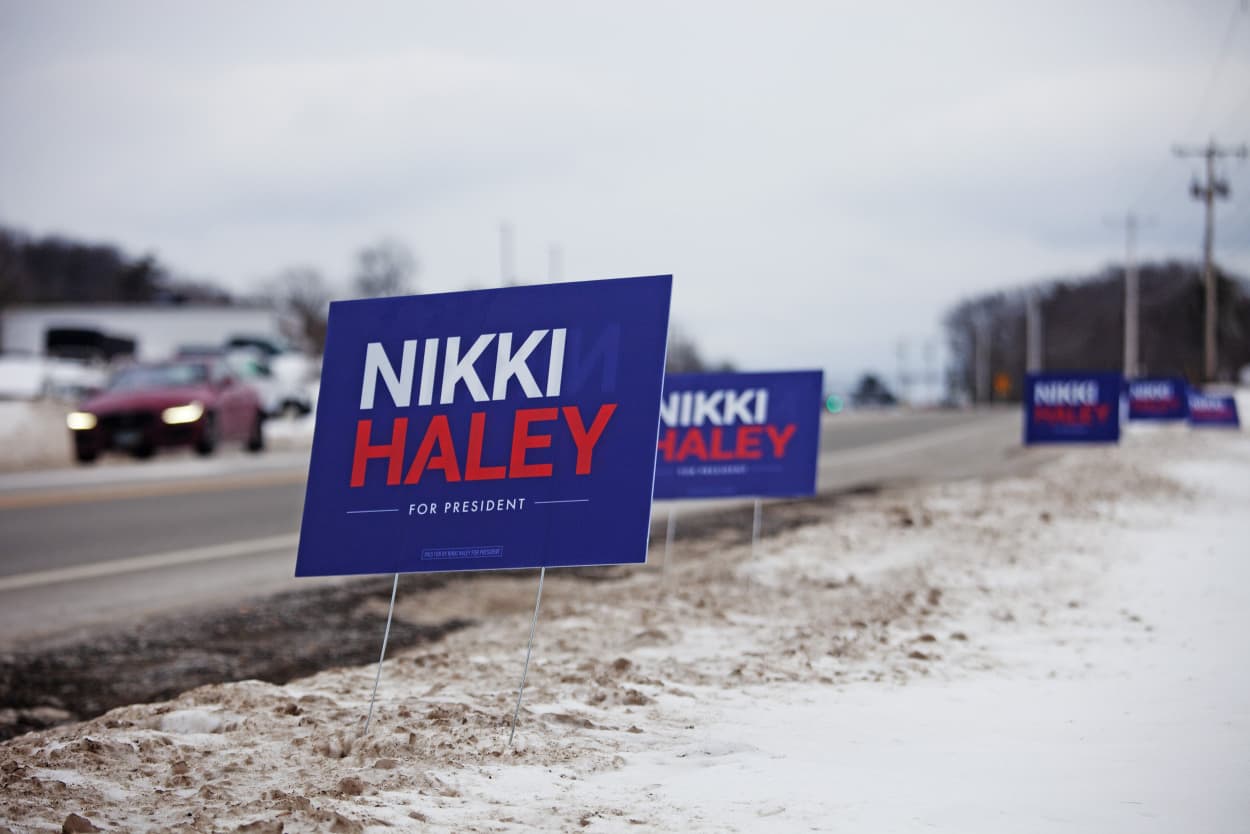 Campaign signs for Nikki Haley on the day of the New Hampshire primary on Jan. 23, 2024 in Laconia.