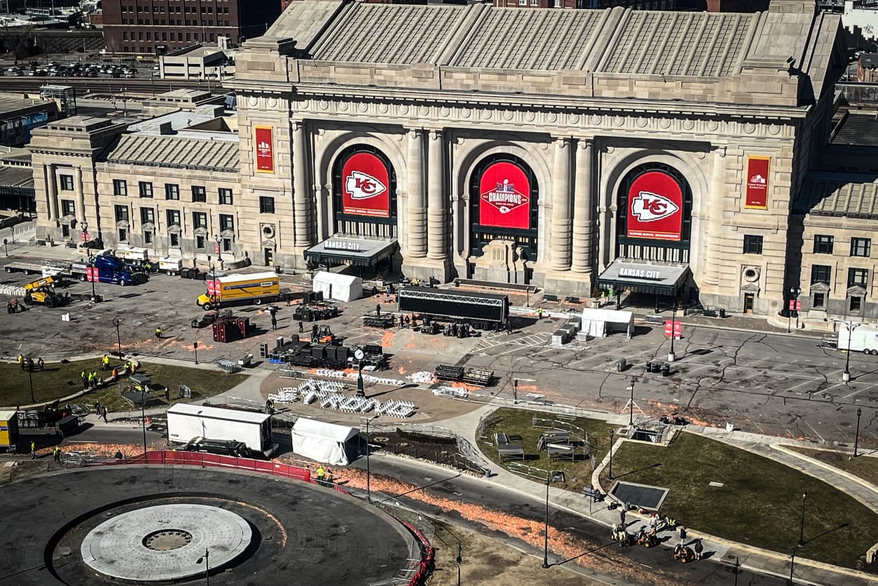 Crews assembled what appear to be chairs to spell out KC Strong 
