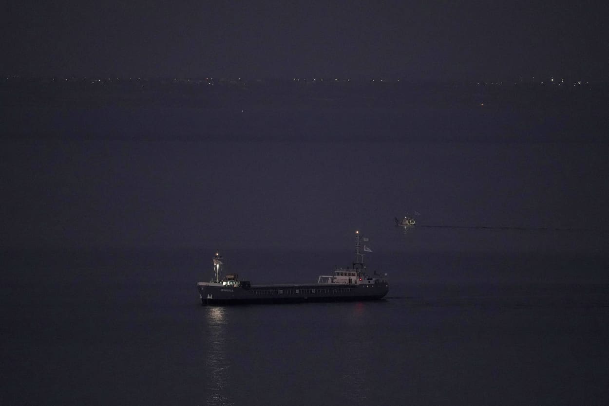 A cargo ship, one of three ships loaded with canned food that was destined for Gaza, after it returned to the port of Larnaca, Cyprus