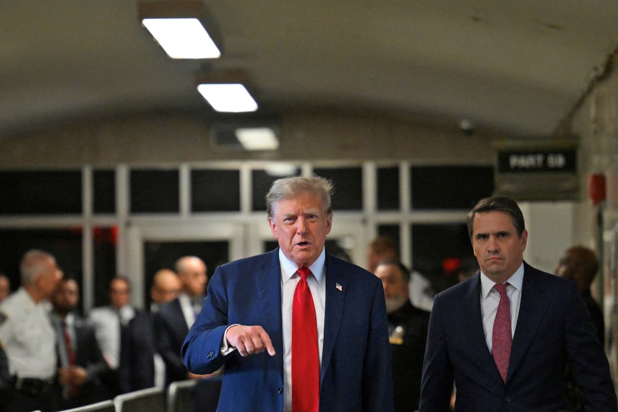 Former president Donald Trump attends the first day of his trial at Manhattan Criminal Court on April 15, 2024.