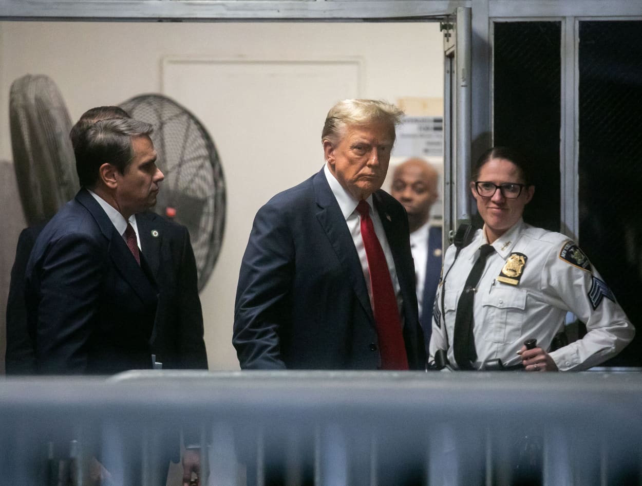 Former President Donald Trump returns to the courtroom after a break at Manhattan Criminal Court in New York City on April 15, 2024.