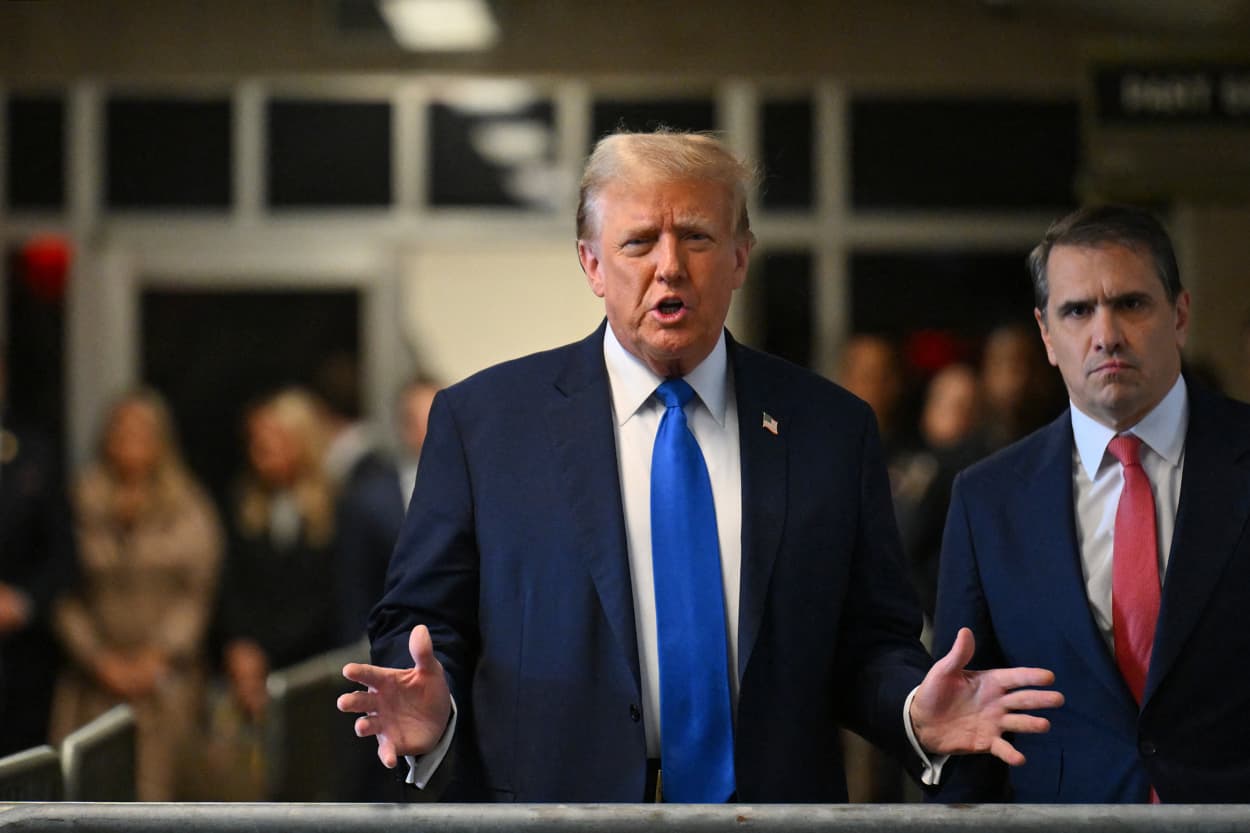 Former President Donald Trump arrives at Manhattan Criminal Court on April 22, 2024.