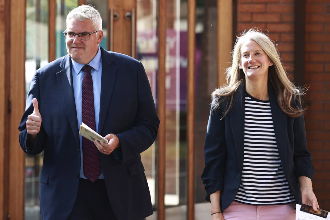 DUP leader Gavin Robinson gives the thumbs up after after casting his vote in Belfast, Northern Ireland, Thursday July 4, 2024.