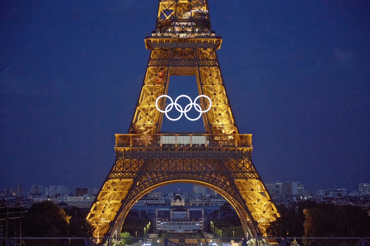The Olympic rings on the Eiffel Tower in Paris.