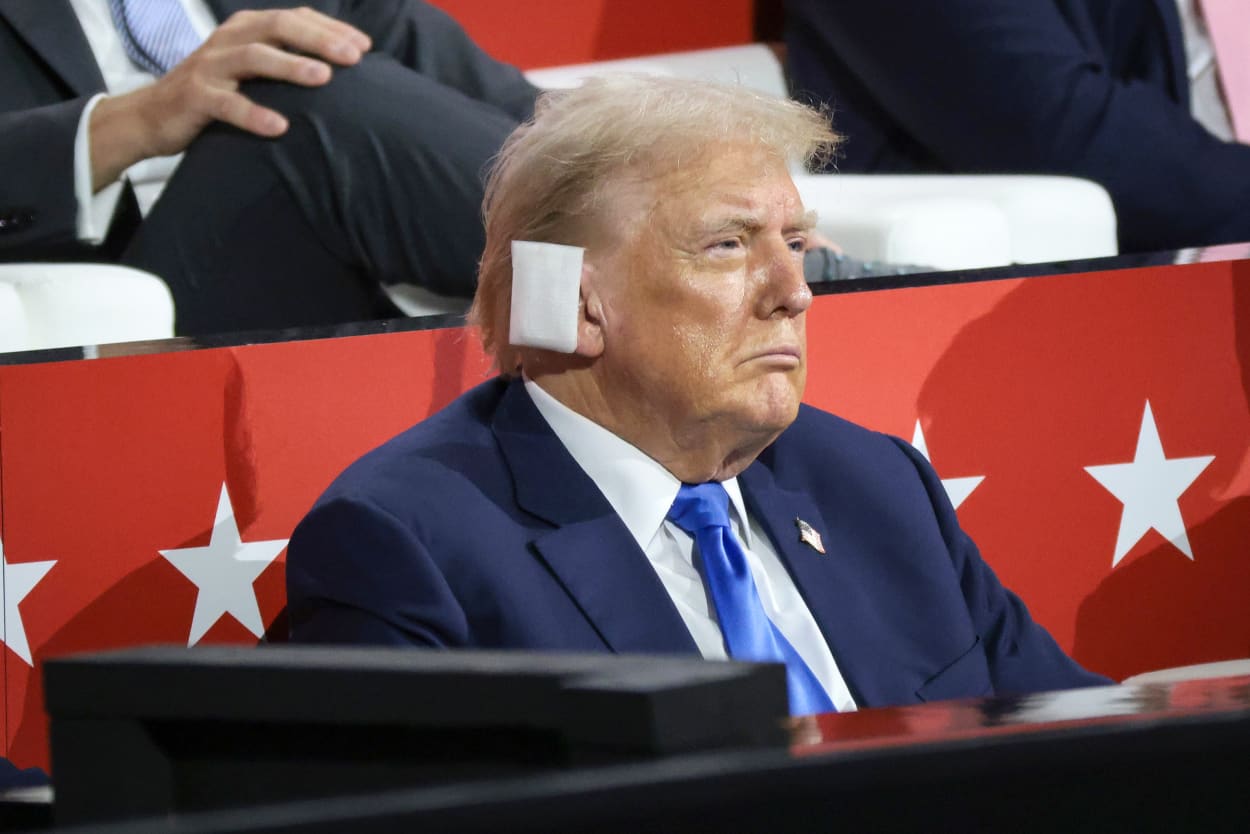 Image: 2024 Republican National Convention: Day 2 bandage ear donald trump profile
