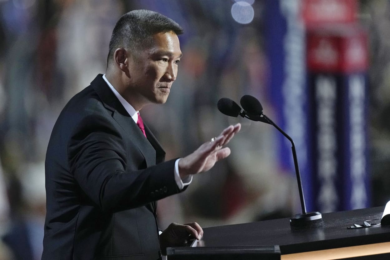 Hung Cao speaks during the Republican National Convention Tuesday, July 16, 2024, in Milwaukee.