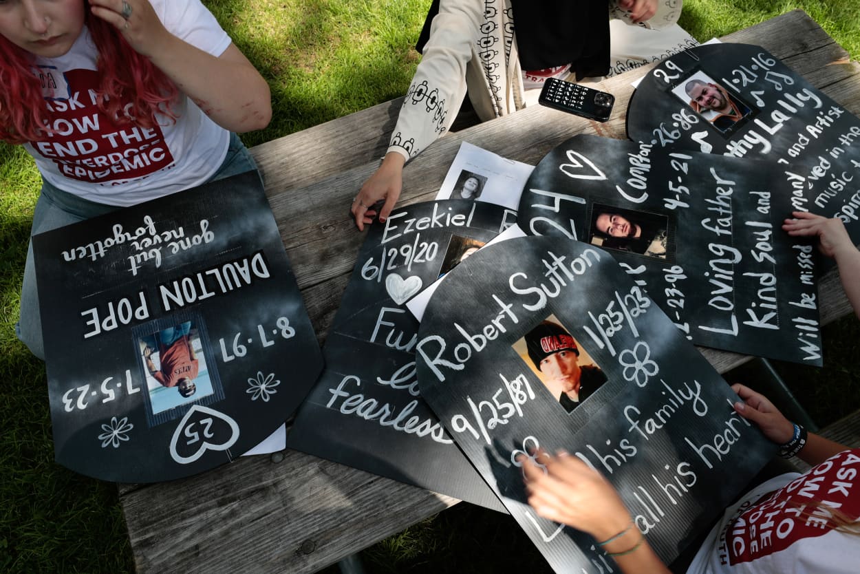 Activists with Truth Pharm at the designated protest zone at Zeidler Union Square in Milwaukee on July 17, 2024, the third day of the Republican Convention.