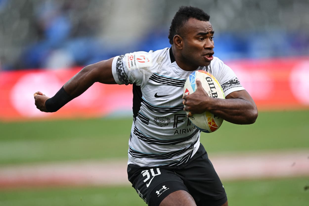 Fiji's Jerry Tuwai scores a try against South Africa during the 2023 World Rugby Sevens Series event in Carson, California, on February 26, 2023. Fiji hope the return of "commanding" Jerry Tuwai can inspire them to a third-straight Olympic rugby gold after a season of turmoil on and off the pitch.