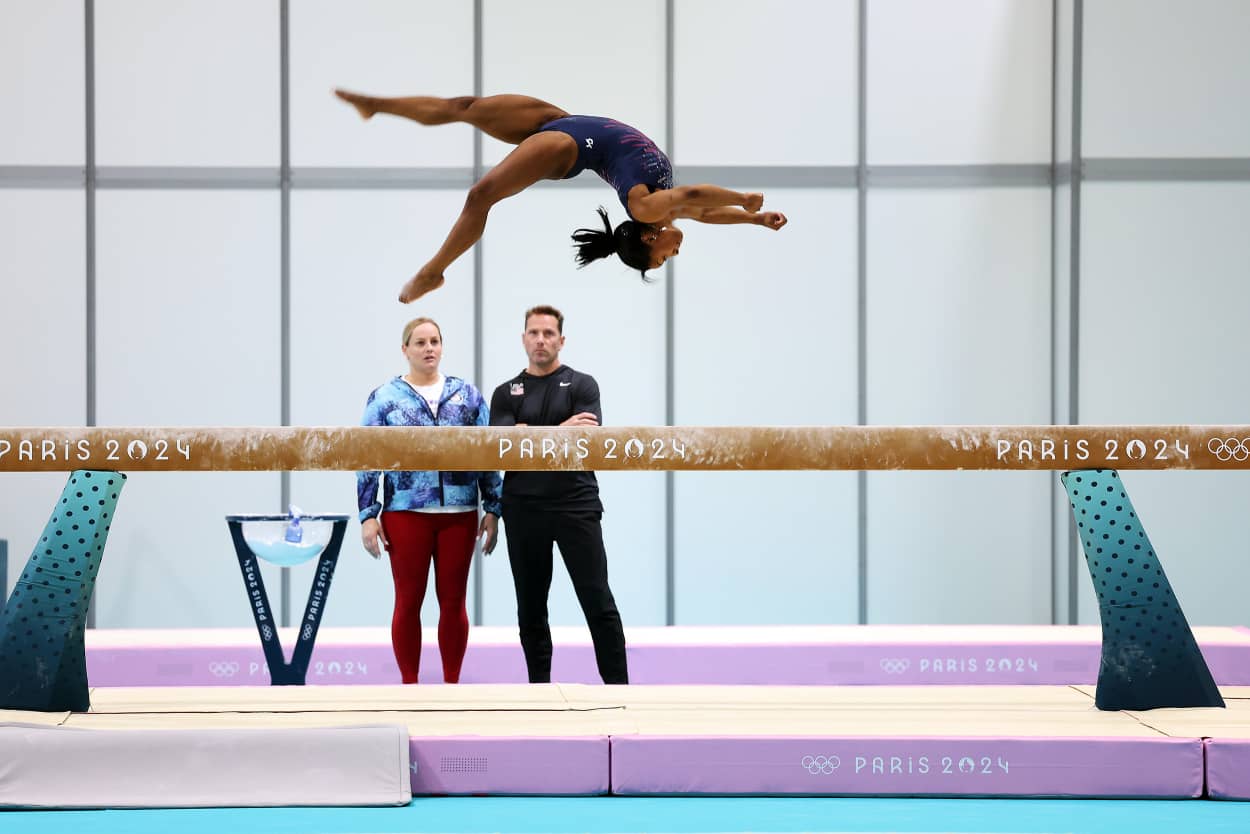 Simone Biles trains on the beam ahead of the Paris 2024 Olympic Games on July 24, 2024 in Paris, France.
