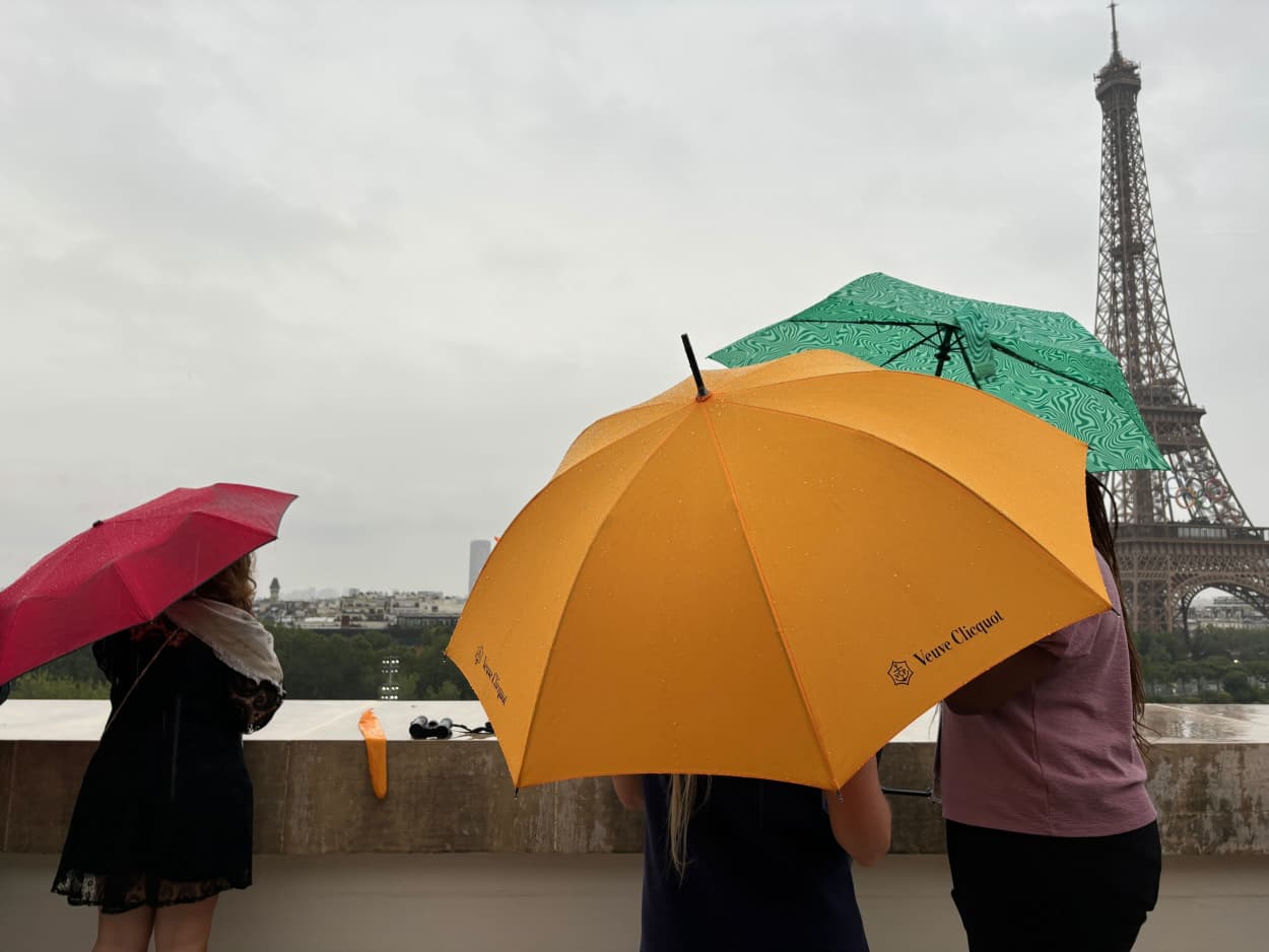 Spectators shield themselves from the rain with umbrellas.