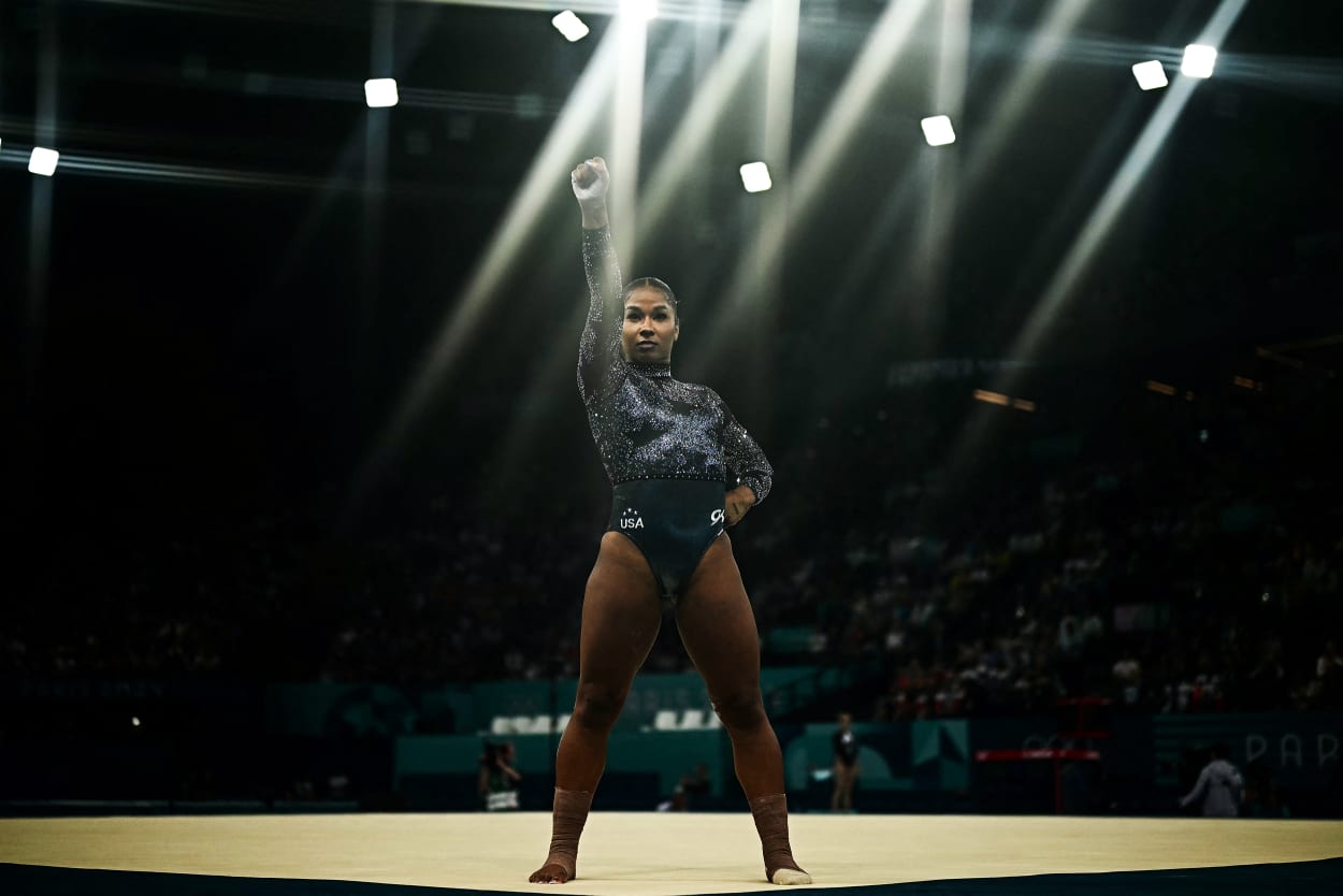 Jordan Chiles competes in the floor exercise event of the artistic gymnastics women's qualification during the Paris 2024 Olympic Games at the Bercy Arena in Paris, on July 28, 2024.