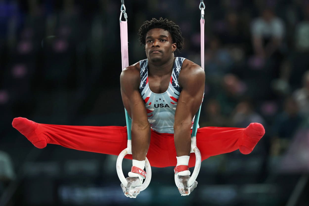 Frederick Richard of Team United States competes on the rings 