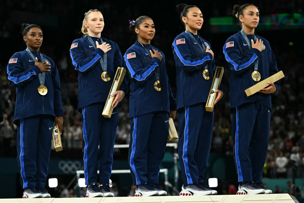 Team USA during the podium ceremony for the artistic gymnastics women's team final 