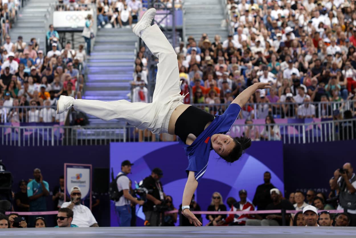 China's Liu Qingyi, known as 671 competes in the Women's Breaking dance Round robin of the Olympics in Paris