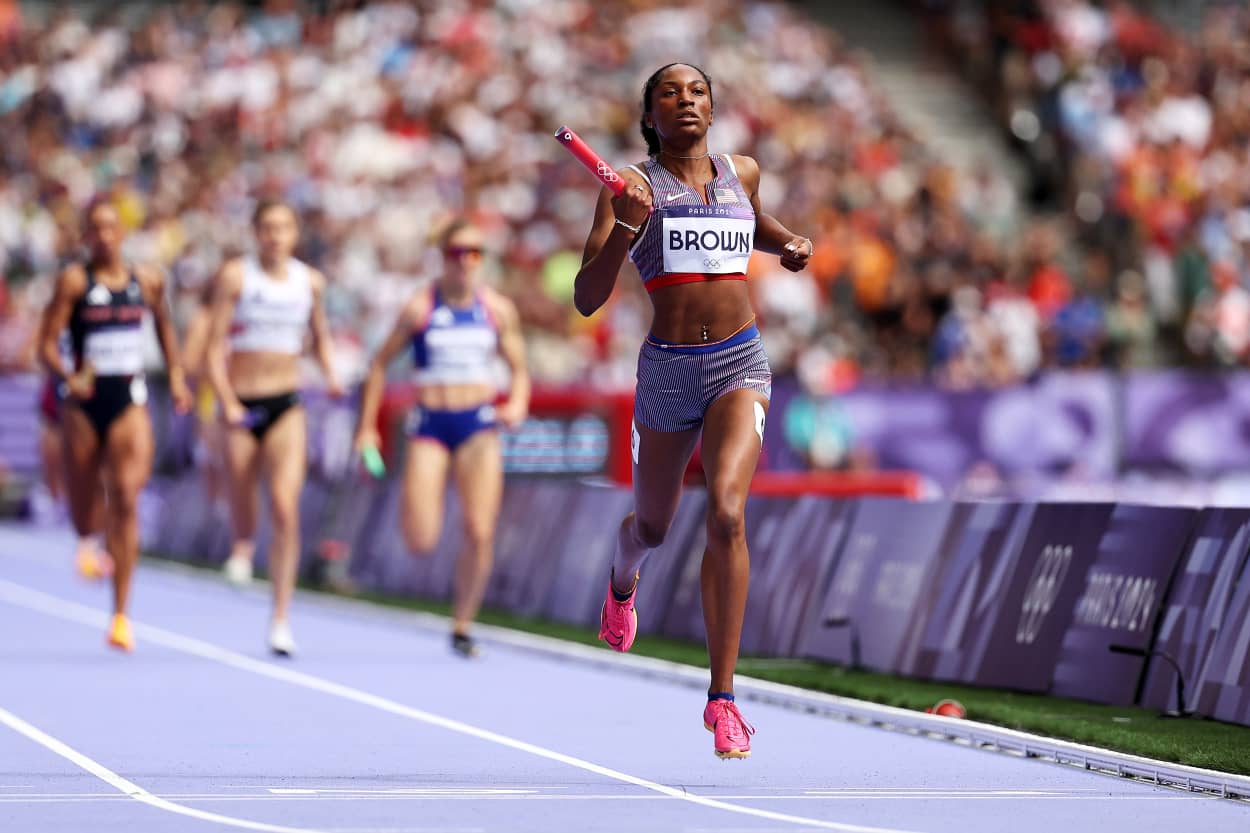 Kaylyn Brown competes in the women's 4 x 400m relay at the Olympic Games Paris 2024 at Stade de France on August 09, 2024 in Paris, France. 