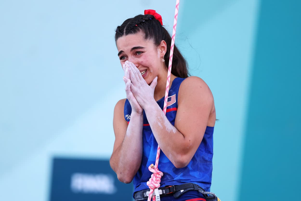 Brooke Raboutou celebrates after her climb during the women's boulder & lead event at the Olympic Games Paris 2024 at Le Bourget Sport Climbing Venue on August 10, 2024 in Paris, France.