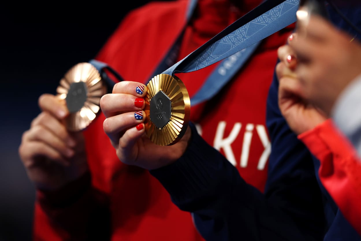 A detailed view of Amit Elor of Team United States's nails and Gold medal