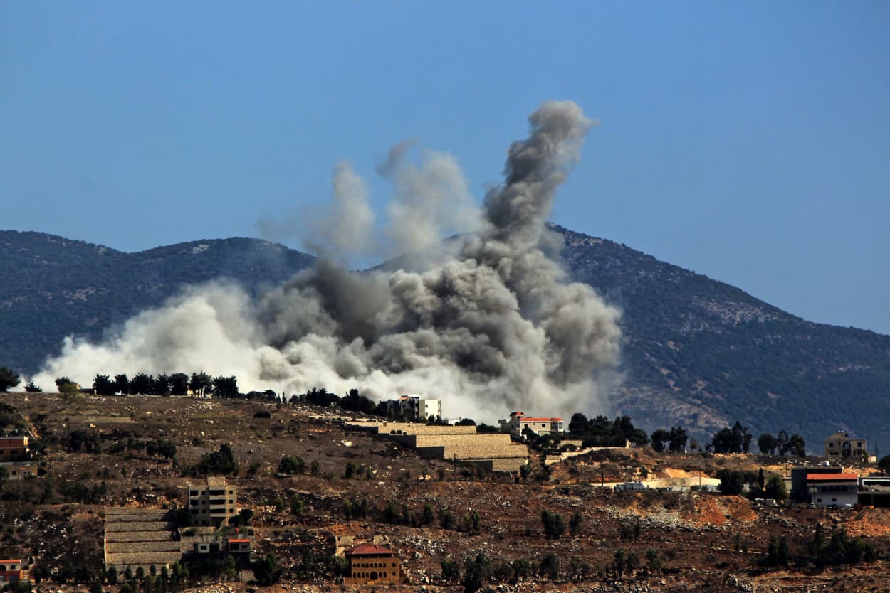 Smoke billows from an Israeli air raid on an area between the Lebanese southern border villages of Kfarkela and Aadaysit Marjaayoun on Oct. 2, 2024.