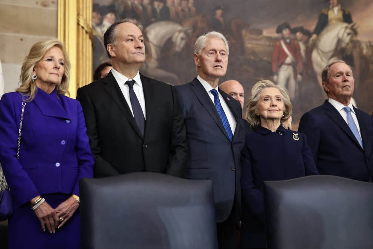 First lady Jill Biden, second gentleman Doug Emhoff, former President Bill Clinton, former Secretary of State Hillary Clinton, and former President George W. Bush attend the inauguration of Donald Trump. 