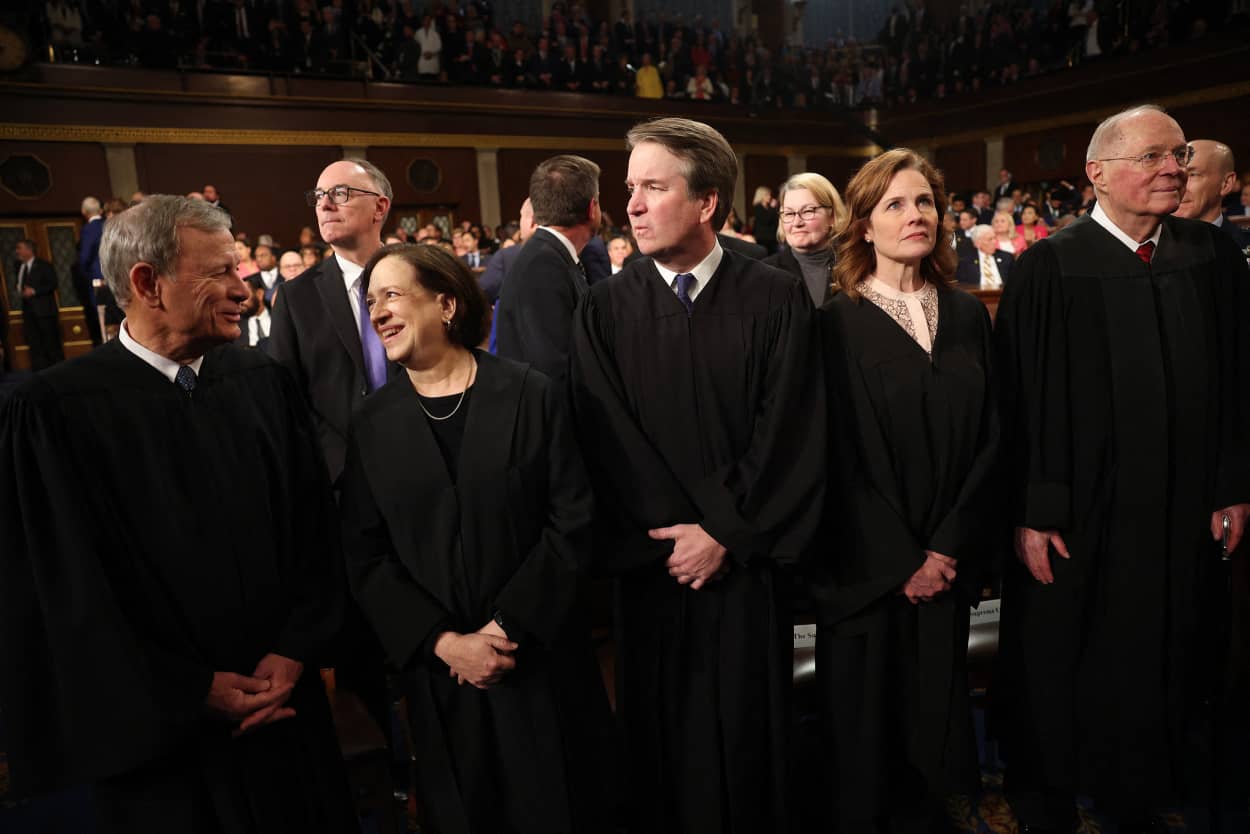 US Supreme Court Chief Justice John Roberts, US Supreme Court Associate Justice Elena Kagan, US Supreme Court Associate Justice Brett Kavanaugh, US Supreme Court Associate Justice Amy Coney Barrett and former Supreme Court Associate Justice Anthony Kennedy US President Donald Trump's address to a joint session of Congress at the US Capitol in Washington, DC, on March 4, 2025. 